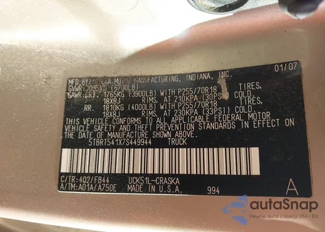 2007 Toyota Tundra Sr5 4.7L V8 из США, поврежденный, VIN 5TBRT541X7S449944